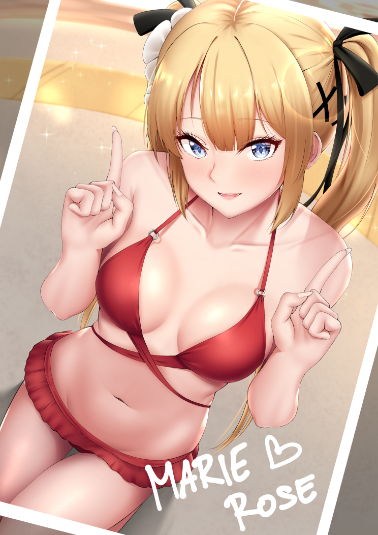 1girl bangs bare_shoulders bikini black_ribbon blonde_hair blue_eyes blush breasts character_name dead_or_alive dead_or_alive_5 dearonnus hair_ornament hair_ribbon index_fingers_raised long_hair looking_at_viewer marie_rose navel open_mouth red_bikini ribbon small_breasts smile solo swimsuit thighs twintails x_hair_ornament