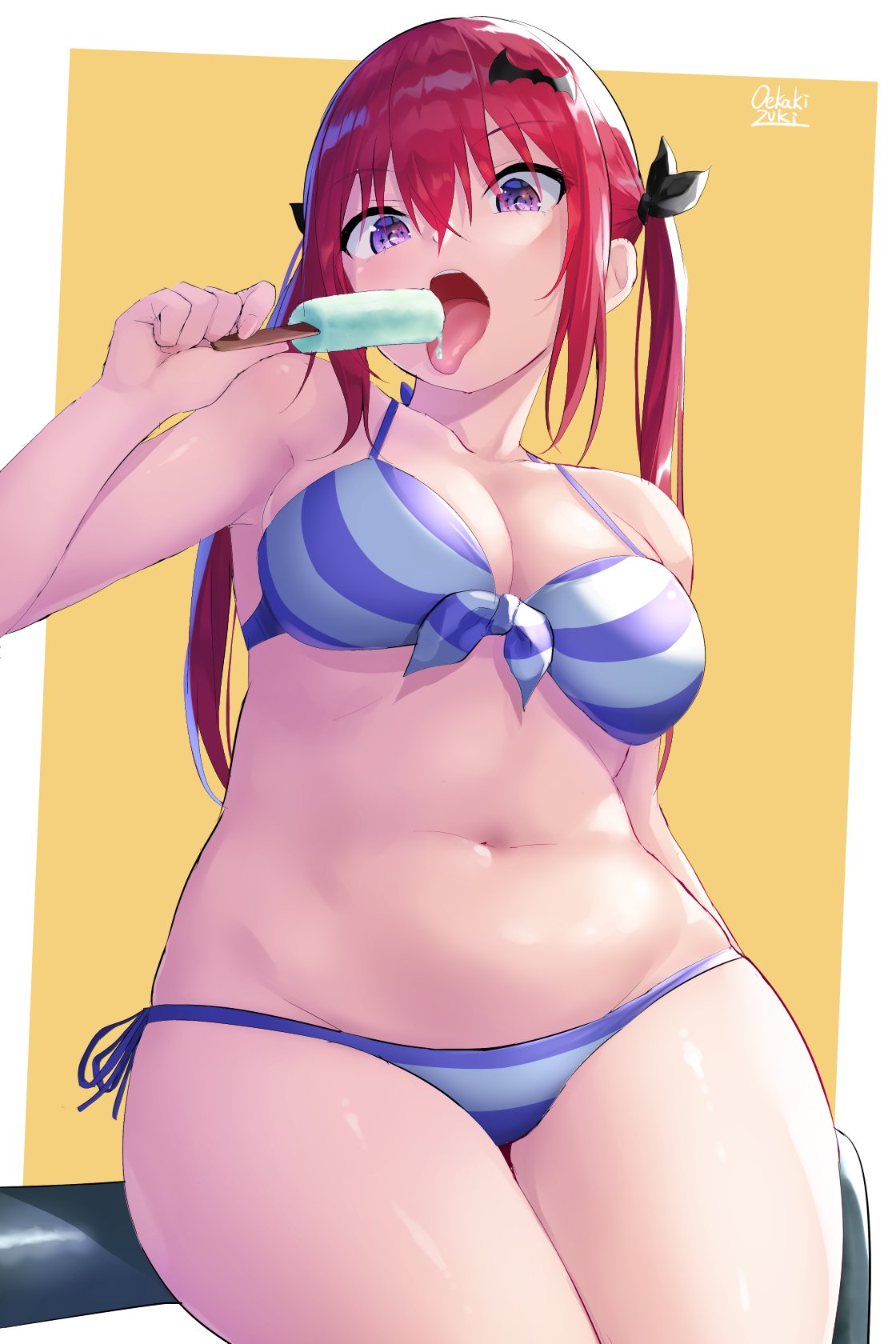 1girl bare_shoulders bat_hair_ornament bikini black_ribbon breasts cleavage commentary_request cowboy_shot eating food gabriel_dropout groin hair_ornament hair_ribbon highres kurumizawa_satanichia_mcdowell long_hair looking_at_viewer medium_breasts navel oekakizuki open_mouth popsicle redhead ribbon solo striped striped_bikini swimsuit tongue tongue_out twintails violet_eyes