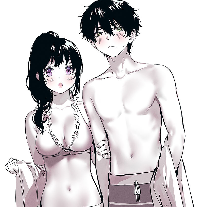 &gt;:( 1boy 1girl :o angry bangs bare_shoulders bikini blush breasts chitanda_eru cleavage closed_mouth collarbone couple female_swimwear frilled_bikini_top frills green_eyes hair_between_eyes holding_arm hyouka kadokawa_shoten kuudere kyoto_animation looking_at_viewer love male_swimwear medium_breasts mery_(apfl0515) moe navel open_mouth oreki_houtarou ponytail purple_theme shirtless simple_background solo stomach summer sweat swim_trunks swimsuit swimwear tareme towel upper_teeth v-shaped_eyebrows violet_eyes white_background