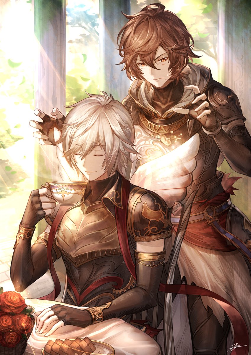 2boys armor brown_hair closed_eyes coffee_cup cookie cup disposable_cup elbow_gloves fingerless_gloves food gloves granblue_fantasy highres hood hood_down lucio_(granblue_fantasy) male_focus multiple_boys outdoors red_eyes sandalphon_(granblue_fantasy) short_hair sitting smile table tenyo0819 white_hair wings