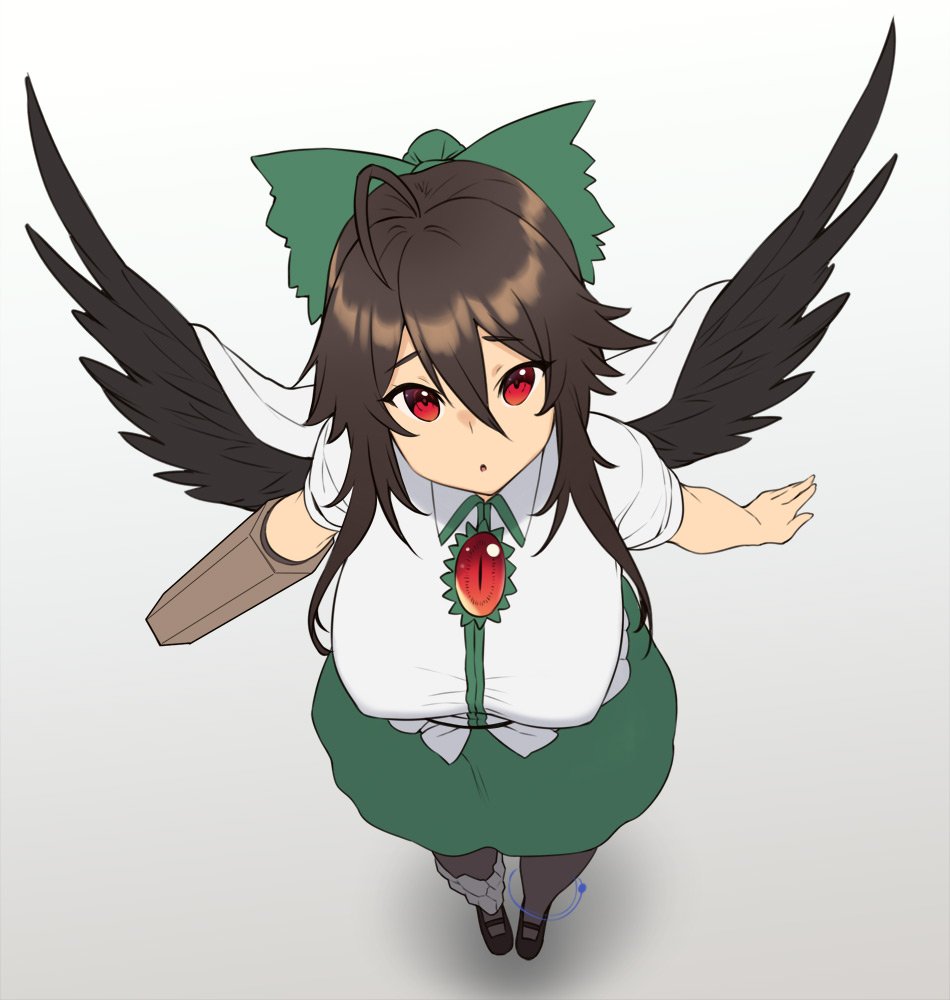 1girl arm_cannon bangs black_footwear black_hair black_legwear black_wings bow breasts cape commentary eyebrows_visible_through_hair feathered_wings from_above full_body gradient gradient_background green_bow green_skirt grey_background hair_between_eyes hair_bow houtengeki large_breasts looking_at_viewer looking_up mary_janes pantyhose parted_lips red_eyes reiuji_utsuho shadow shirt shoes short_sleeves sidelocks skirt solo standing symbol_commentary touhou weapon white_background white_cape white_shirt wings work_in_progress