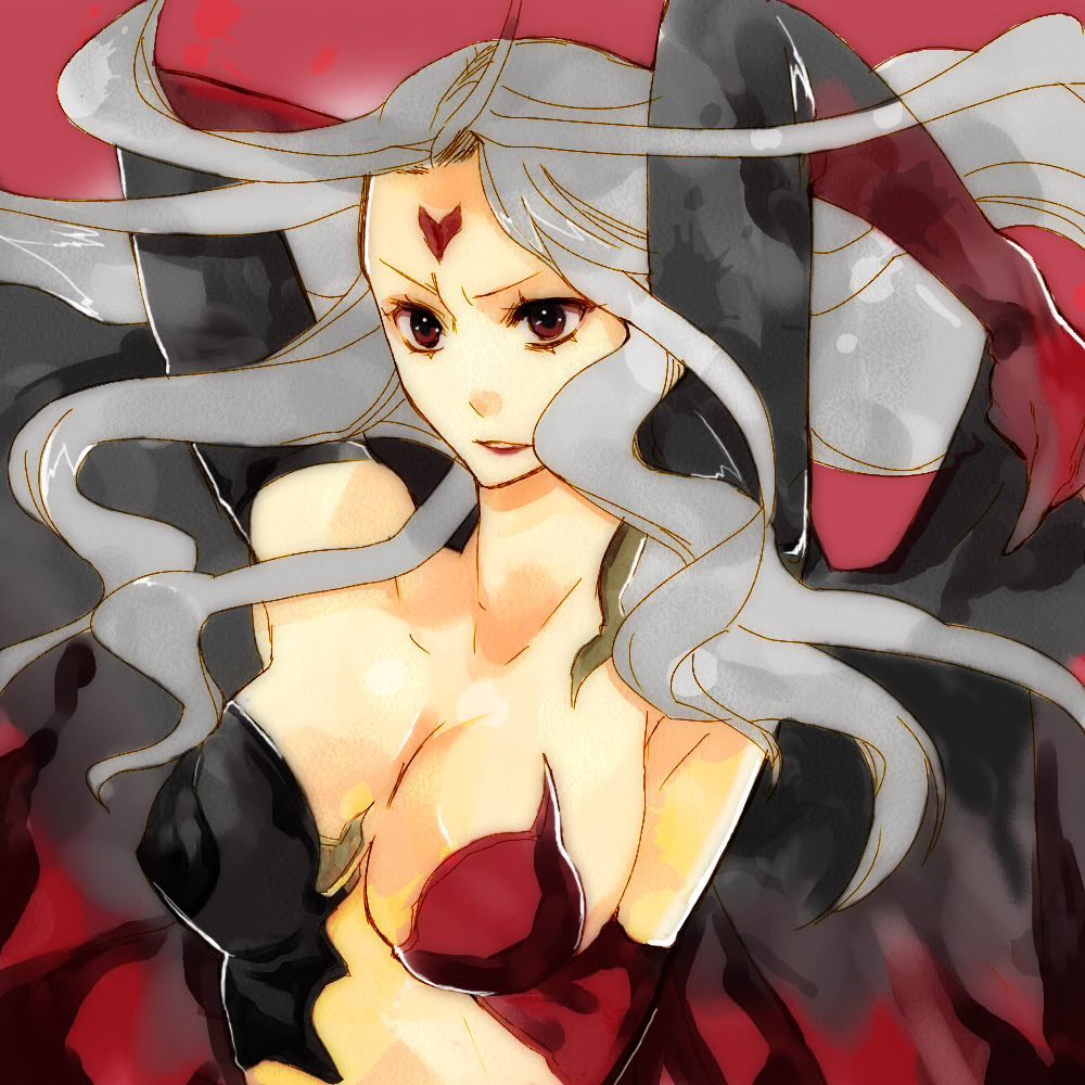 1girl armor breasts cape cleavage cloud_of_darkness facial_mark final_fantasy final_fantasy_iii gloves grey_hair heart long_hair midriff red_eyes revealing_clothes silver_hair smile solo tattoo