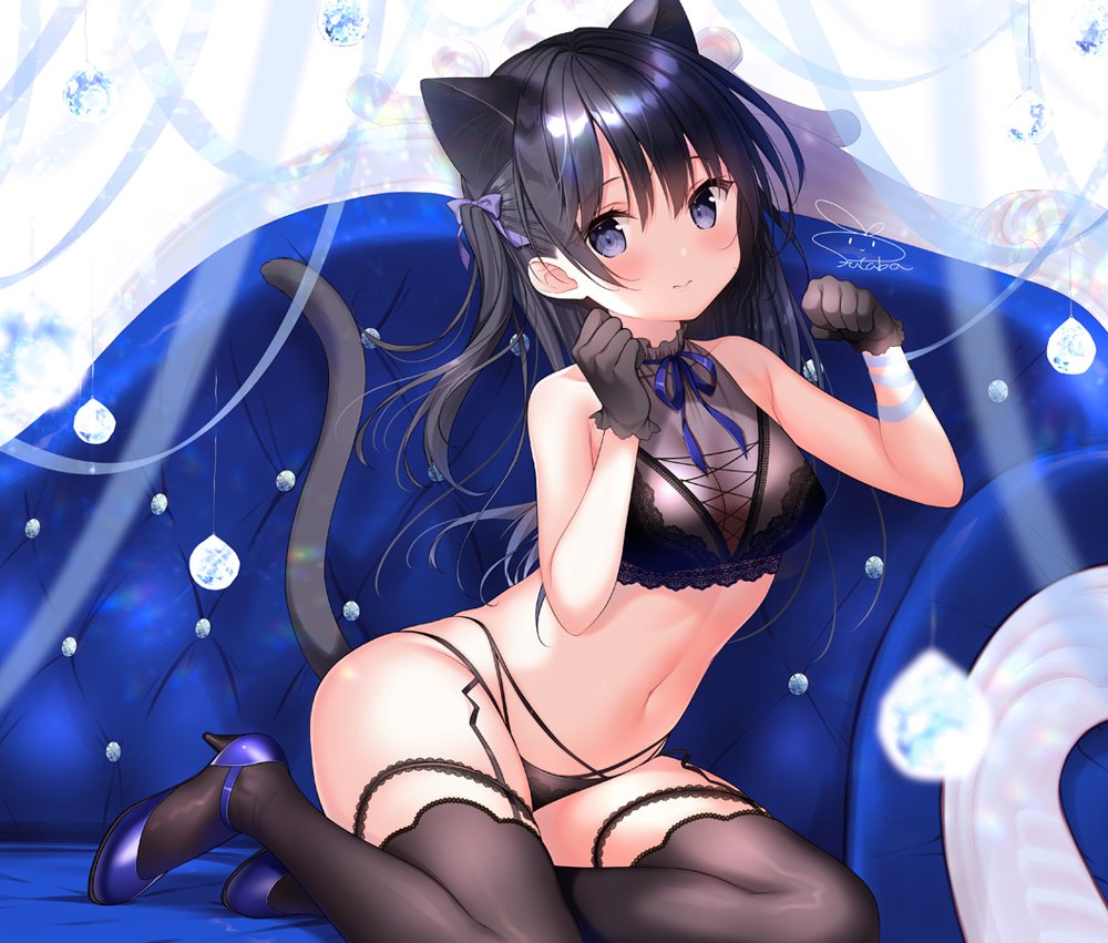 1girl 3: animal_ears bangs bare_arms bare_shoulders black_gloves black_hair black_legwear black_panties blue_eyes blue_footwear blue_ribbon blurry breasts cat_ears cat_girl cat_tail cleavage closed_mouth collarbone commentary_request couch covered_nipples crop_top futaba_miwa gloves hair_ribbon hands_up high_heels lace lace-trimmed_legwear lace_trim lingerie long_hair looking_at_viewer medium_breasts navel no_pants on_couch one_side_up original panties purple_ribbon ribbon sidelocks signature solo stomach tail thigh-highs thighs underwear
