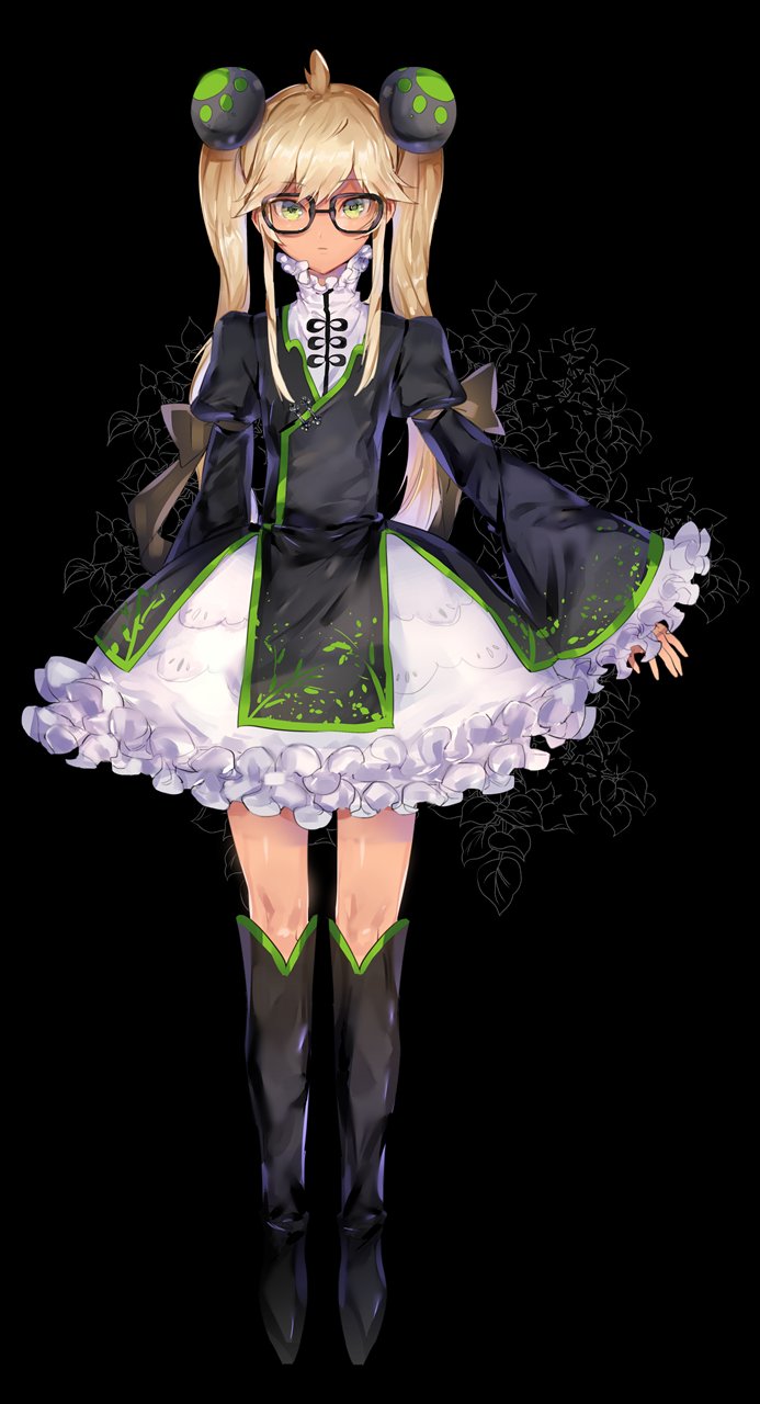 1girl black_background black_footwear blonde_hair boots closed_mouth commentary_request dot_nose dress frills full_body glasses green_eyes hair_ornament highres long_hair long_sleeves looking_at_viewer original puffy_sleeves simple_background solo susuke_su wide_sleeves