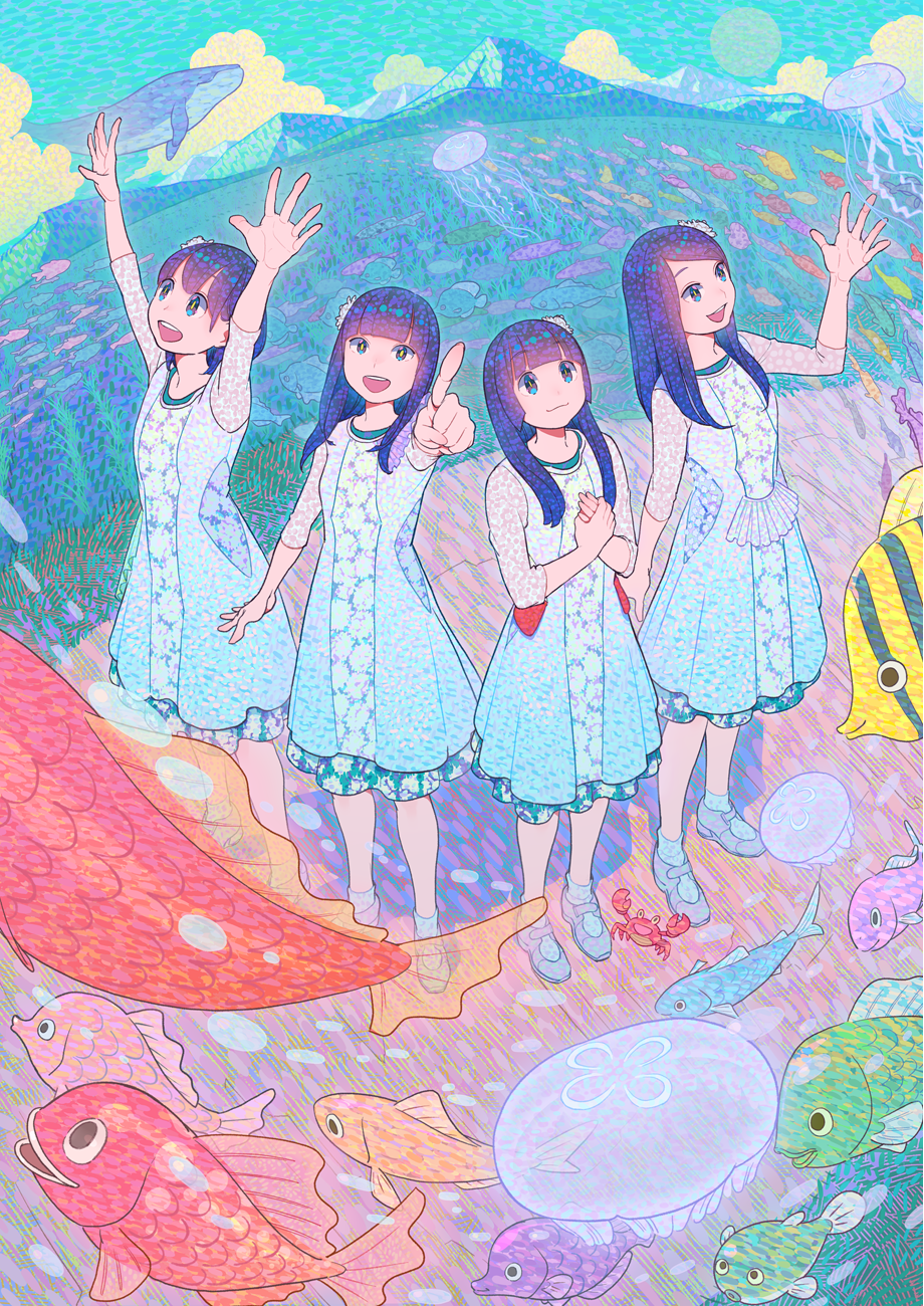 4girls aqua_dress aqua_footwear arm_up arms_up bangs black_hair blue_eyes blue_sky blunt_bangs clouds cloudy_sky copyright_request crab dress fish hands_together highres jellyfish long_hair long_sleeves medium_hair mountain multiple_girls nobile1031 open_mouth outdoors pointing shoes sky smile whale