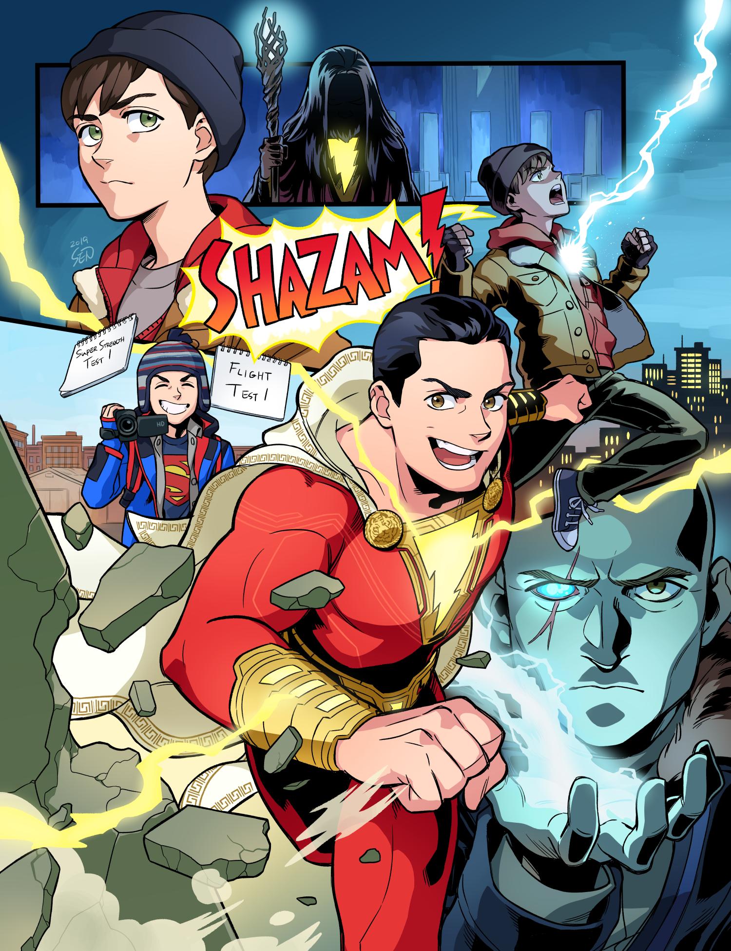 2019 aqua_eyes billy_batson brown_hair building cape closed_eyes commentary_request dc_comics doctor_sivana electricity fingerless_gloves freddy_freeman gloves green_eyes grin heterochromia highres jacket muscle notebook open_mouth scar scar_across_eye sen_(sen69) shazam shoes signature smile sneakers staff superhero sweater video_camera white_hair