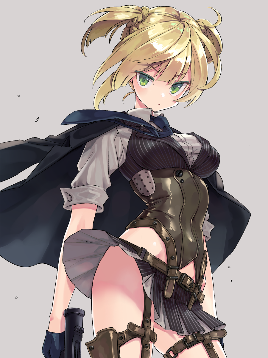 1girl black_gloves blonde_hair braid breasts contrapposto corset covered_navel cowboy_shot eyebrows_visible_through_hair girls_frontline gloves green_eyes grey_background gun handgun highres hiyo_moo holster jacket_on_shoulders looking_at_viewer medium_breasts miniskirt necktie no_panties pleated_skirt short_twintails simple_background skirt solo thigh_holster twintails underbust v-shaped_eyebrows weapon welrod_mk2_(girls_frontline) wind wind_lift