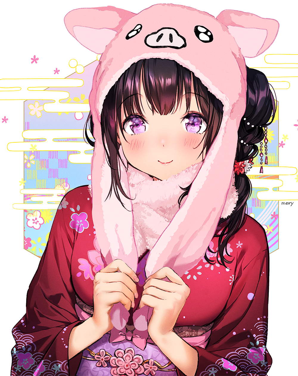 1girl animal_hood artist_name black_hair chitanda_eru floral_print hair_ornament hair_over_shoulder highres hood hyouka japanese_clothes kimono long_hair looking_at_viewer mery_(apfl0515) pig_hood pink_scarf print_kimono red_kimono scarf side_ponytail solo tied_hair upper_body violet_eyes