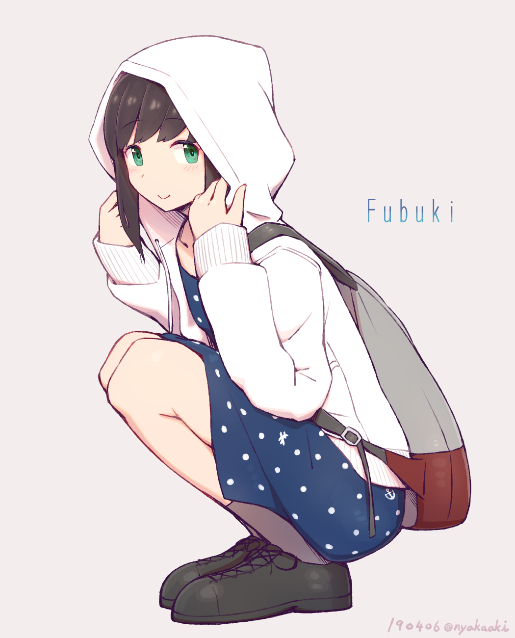 1girl :&gt; backpack bag blush brown_footwear brown_hair commentary_request dress eyebrows_visible_through_hair from_side fubuki_(kantai_collection) green_eyes grey_background highres hood hoodie kantai_collection long_sleeves looking_at_viewer medium_hair nakaaki_masashi polka_dot polka_dot_dress shoes simple_background socks solo white_hoodie