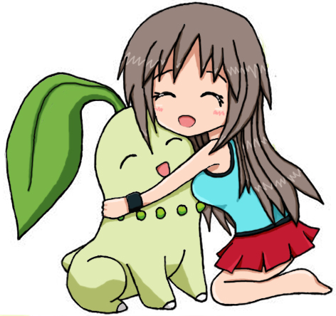 1girl 1other :d ^_^ blue_(pokemon) blush chikorita closed_eyes creatures_(company) cute deviantart game_freak gen_2_pokemon grey_hair hug long_hair lowres mindsebbandflow nintendo open_mouth pokemon pokemon_(creature) simple_background skirt