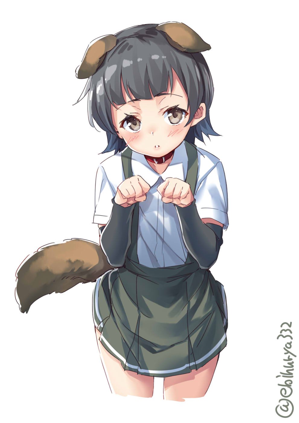 1girl animal_ears arare_(kantai_collection) black_hair blush brown_eyes closed_mouth dog_ears ebifurya highres kantai_collection looking_at_viewer paw_pose shirt short_hair short_sleeves simple_background skirt solo suspenders white_background white_shirt