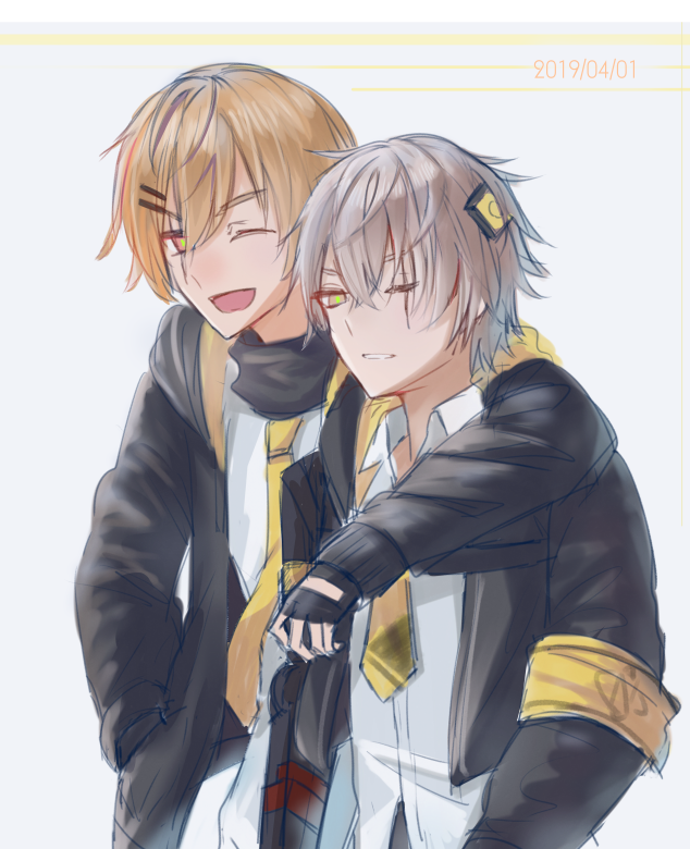 2boys :d arm_over_shoulder armband bangs black_gloves black_jacket black_scarf brothers brown_hair collared_shirt commentary_request dated fingerless_gloves genderswap genderswap_(ftm) girls_frontline gloves grey_hair hair_ornament hairclip hood hooded_jacket jacket long_sleeves multiple_boys necktie one_eye_closed open_clothes open_jacket open_mouth orange_eyes p981877 parted_lips scar scar_across_eye scarf shirt siblings simple_background smile ump45_(girls_frontline) ump9_(girls_frontline) white_background white_shirt yellow_neckwear