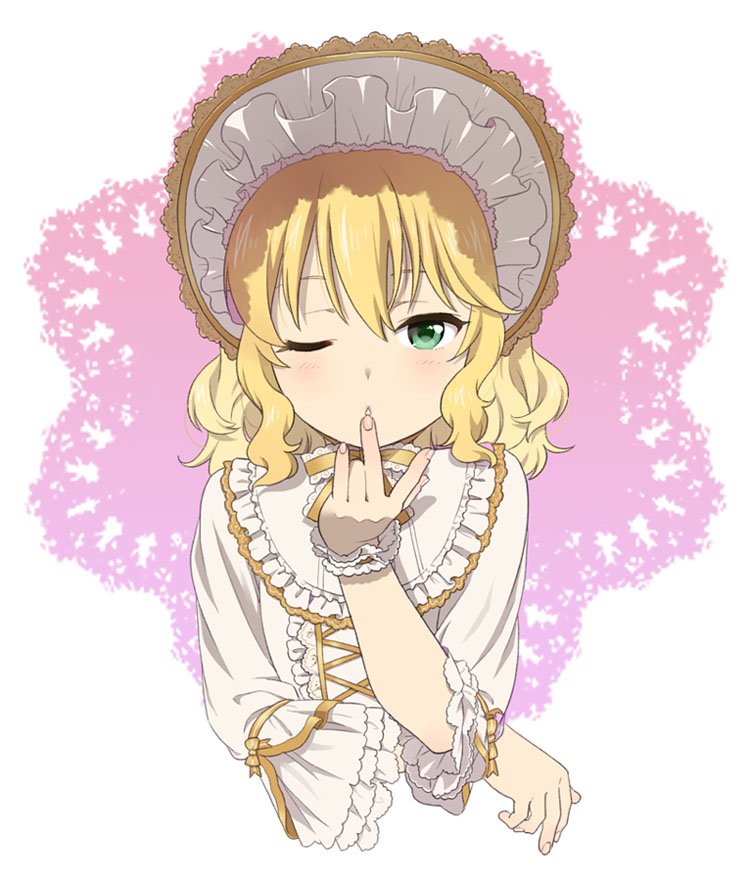 1girl blonde_hair blush bonnet commentary_request cropped_torso cross-laced_clothes dress finger_to_mouth frilled_dress frills gold_trim green_eyes hat idolmaster idolmaster_cinderella_girls idolmaster_cinderella_girls_starlight_stage lolita_fashion looking_at_viewer mattaku_mousuke neck_ribbon one_eye_closed parted_lips ribbon sakurai_momoka short_hair solo upper_body wavy_hair white_background white_dress wrist_cuffs