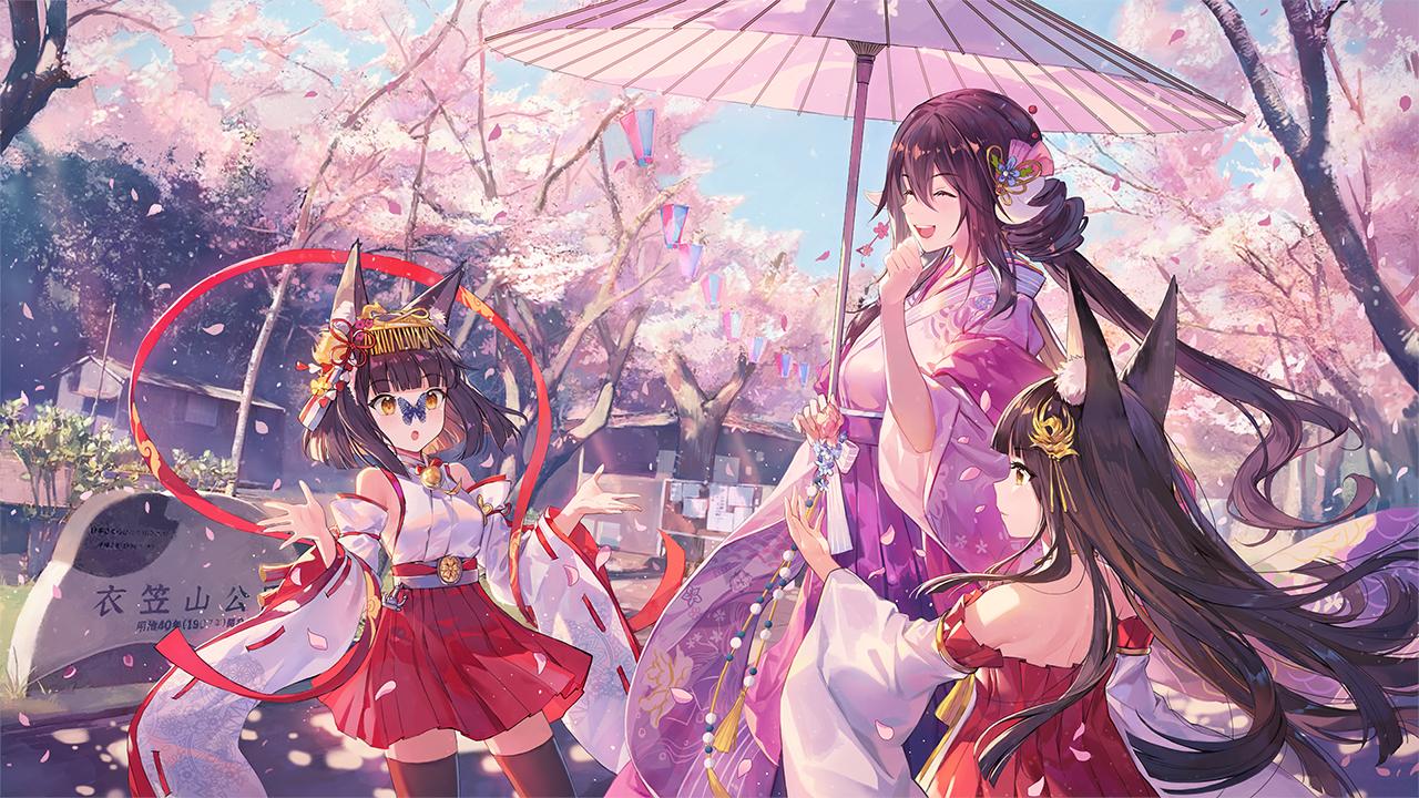 3girls :d :o animal_ears artist_request azur_lane bare_shoulders black_hair black_legwear blue_butterfly blue_sky board breasts brown_eyes brown_hair bug building bulletin_board butterfly butterfly_on_nose cherry_blossoms chihaya_(clothing) choker clenched_hand closed_eyes collaboration commentary_request curious detached_sleeves dress expressions flag fox_ears frilled_dress frilled_hakama frilled_kimono frills furisode hair_ornament hair_ribbon hakama hakama_skirt hand_up horns insect japanese_clothes kanagawa_prefecture kanzashi kimono laughing long_hair looking_at_animal medium_breasts mikasa_(azur_lane) miko multiple_girls mutsu_(azur_lane) nagato_(azur_lane) official_art open_mouth oriental_umbrella petals pose purple_kimono red_hakama red_ribbon ribbon road road_sign scenery short_hair sign sky small_breasts smile stone stone_sign thigh-highs tree umbrella very_long_hair white_hakama