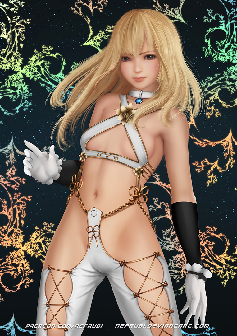 1girl alternate_costume black_eyes blonde_hair breasts choker commission dead_or_alive dead_or_alive_5 gloves legs_apart long_hair looking_at_viewer marie_rose navel nefrubi patreon_username revealing_clothes small_breasts smile solo standing watermark web_address white_background