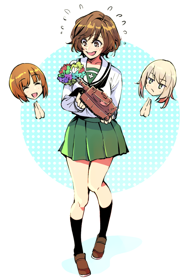 3girls :d akiyama_yukari bangs black_legwear black_neckwear blouse blue_eyes blush bonkara_(sokuseki_maou) bouquet brown_eyes brown_footwear brown_hair clapping closed_eyes commentary eyebrows_visible_through_hair flower flying_sweatdrops full_body girls_und_panzer green_skirt ground_vehicle hands_together head holding itsumi_erika loafers long_sleeves military military_vehicle miniskirt model_tank motor_vehicle multiple_girls neckerchief nishizumi_miho ooarai_school_uniform open_mouth panzerkampfwagen_iv pleated_skirt school_uniform serafuku shoes short_hair silver_hair skirt smile socks solo_focus standing standing_on_one_leg tank wavy_hair white_blouse