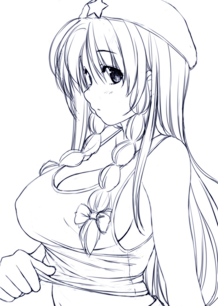 1girl bangs bare_shoulders beret blush bow braid breasts cleavage commentary_request eyebrows_visible_through_hair hair_between_eyes hair_bow hat hong_meiling large_breasts lifted_by_self long_hair looking_at_viewer midriff monochrome navel nori_tamago simple_background sketch solo star stomach tank_top tank_top_lift touhou twin_braids upper_body white_background work_in_progress