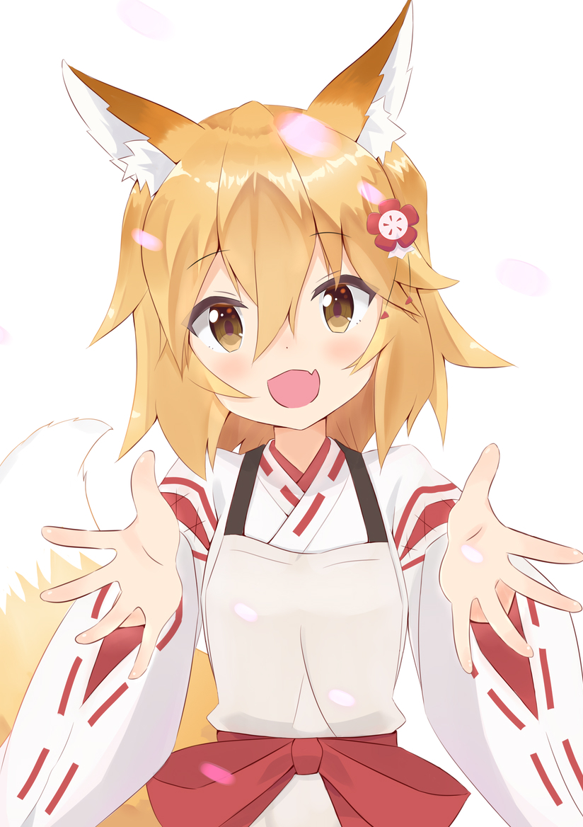 1girl :d animal_ear_fluff animal_ears blonde_hair blush brown_eyes commentary_request derivative_work fang flower fox_ears fox_girl fox_tail grey_apron hair_flower hair_ornament head_tilt japanese_clothes kimono looking_at_viewer open_mouth outstretched_arms red_flower ribbon_trim senko_(sewayaki_kitsune_no_senko-san) sewayaki_kitsune_no_senko-san simple_background smile solo tail tail_raised white_background white_kimono yutsuki_warabi