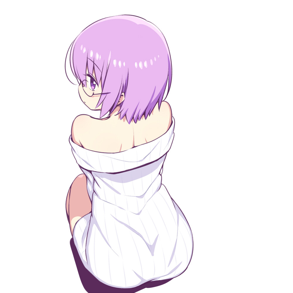 1girl ass bare_shoulders chan_co dress eyebrows_visible_through_hair fate/grand_order fate_(series) from_above from_behind full_body glasses looking_back mash_kyrielight off-shoulder_dress off-shoulder_sweater off_shoulder profile purple_hair ribbed_sweater short_hair simple_background solo squatting sweater sweater_dress violet_eyes white_background