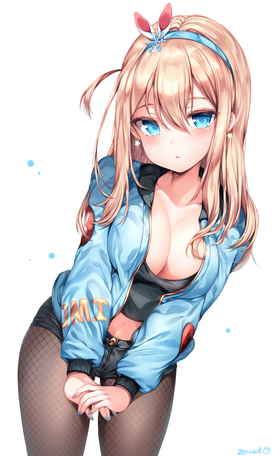 1girl bangs black_legwear black_shorts blonde_hair blue_eyes blue_jacket blue_nails blush breasts cleavage closed_mouth collarbone earrings eyebrows_visible_through_hair girls_frontline hair_between_eyes hair_ornament hairband hands_together highres jacket jewelry large_breasts long_hair looking_at_viewer nail_polish one_side_up open_clothes open_jacket pantyhose short_shorts shorts sidelocks signature snowflake_hair_ornament solo star star_earrings suomi_kp31_(girls_frontline) tank_top white_background