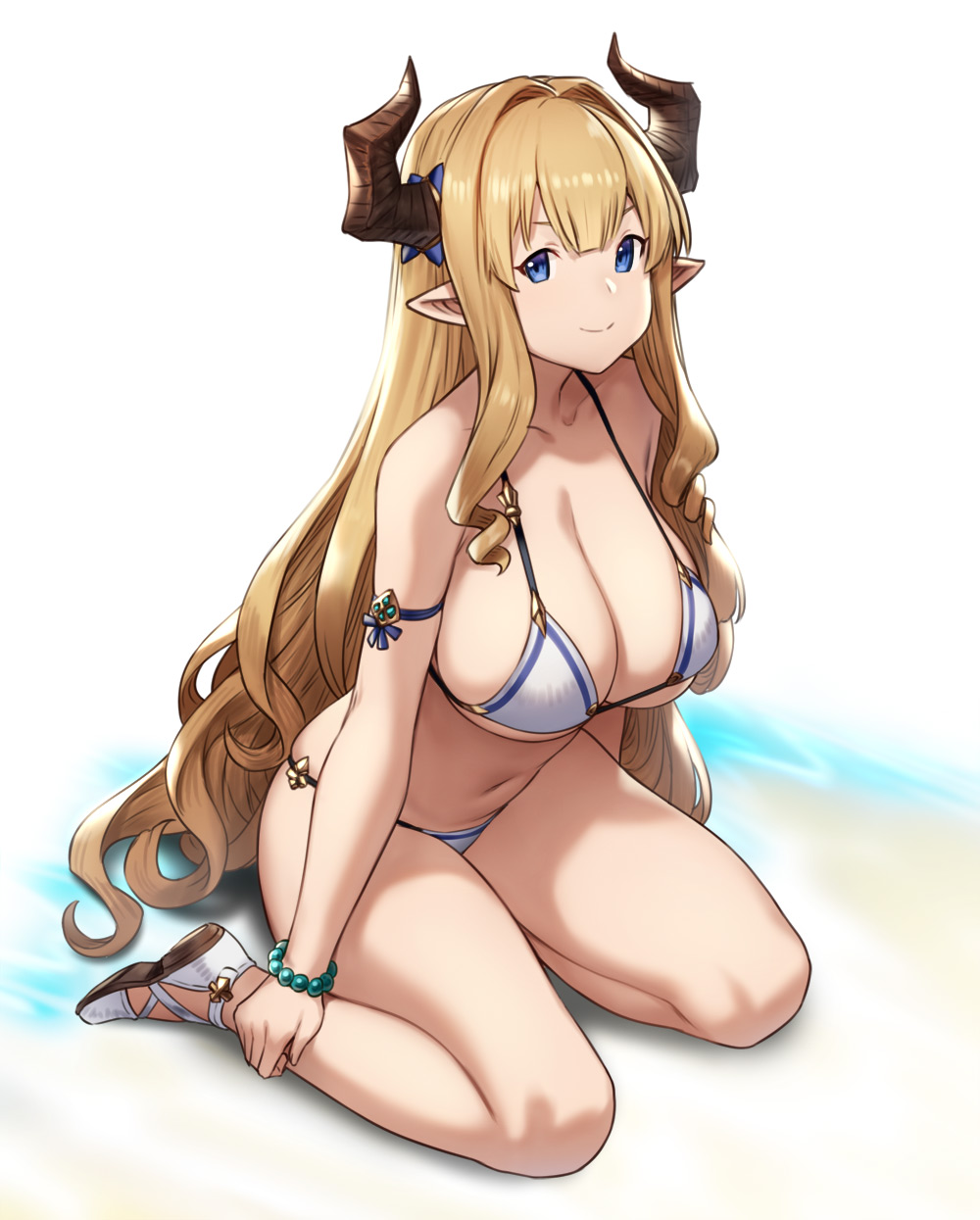 1girl armlet bare_legs bikini blonde_hair blue_eyes bracelet breasts cleavage closed_mouth commentary_request draph full_body granblue_fantasy hair_intakes highres horns houtengeki jewelry kneeling large_breasts long_hair looking_at_viewer navel pointy_ears rastina sidelocks simple_background sitting smile solo string_bikini swimsuit thighs very_long_hair white_bikini