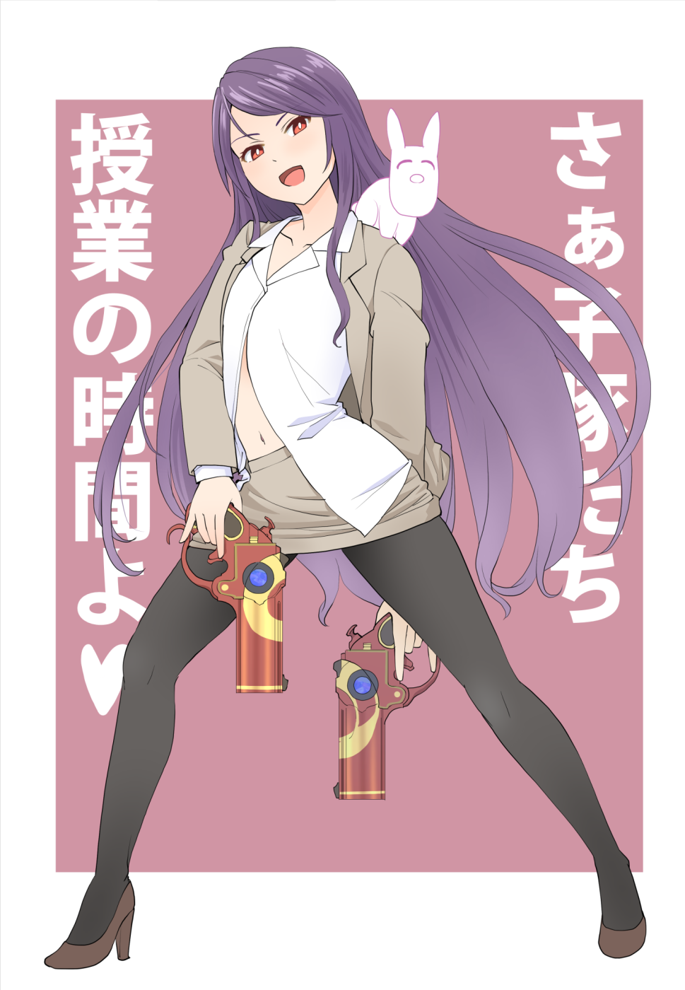 1girl :d background_text bangs bayonetta black_legwear blush bright_pupils collarbone collared_shirt commentary_request creature creature_on_shoulder dual_wielding eyebrows_visible_through_hair full_body grey_jacket grey_skirt gun gundou_mirei haniwa_(leaf_garden) high_heels highres holding holding_gun holding_weapon jacket legs_apart long_hair looking_at_viewer miniskirt navel nijisanji open_clothes open_jacket open_mouth pantyhose purple_background purple_hair red_eyes shirt skirt smile solo standing swept_bangs translation_request trigger_discipline two-tone_background very_long_hair virtual_youtuber weapon white_shirt