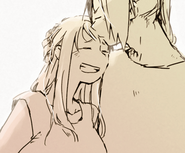 1boy 1girl bangs clenched_teeth closed_eyes couple edward_elric expressionless fingernails forehead_kiss fullmetal_alchemist greyscale hand_on_another's_head happy hetero igi_(tarqu0ise) kiss long_hair monochrome shirt simple_background smile teeth upper_body white_background winry_rockbell