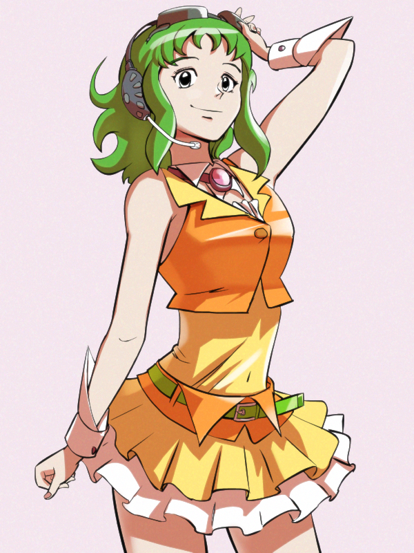 1girl amulet arm_up bare_shoulders belt commentary contrapposto cowboy_shot crop_top dress frilled_skirt frills goggles goggles_on_head green_hair gumi headset layered_dress looking_at_viewer medium_hair nippori_honsha pink_background sidelocks skirt solo vocaloid wrist_cuffs yellow_dress