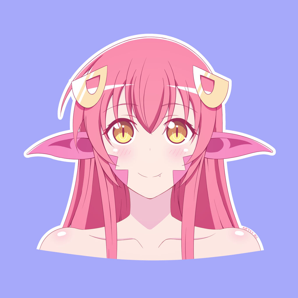 1girl artist_name artsy-rc bare_shoulders blue_background eyebrows_visible_through_hair face fang hair_between_eyes hair_ornament hairclip long_hair looking_at_viewer miia_(monster_musume) monster_girl monster_musume_no_iru_nichijou pointy_ears redhead scales simple_background slit_pupils smile solo yellow_eyes