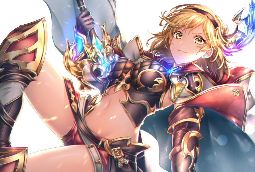 1girl armor armored_boots black_gloves blonde_hair boots breasts cape crop_top djeeta_(granblue_fantasy) djeeta_(granblue_fantasy)_(conqueror_of_the_eternals) earrings gauntlets gloves gold_trim granblue_fantasy groin hair_ornament hairband holding holding_sword holding_weapon jewelry kamuinii knee_up large_breasts looking_at_viewer midriff navel red_shorts short_hair short_shorts shorts sidelocks sleeveless smile solo stomach sword thighs weapon white_background yellow_eyes