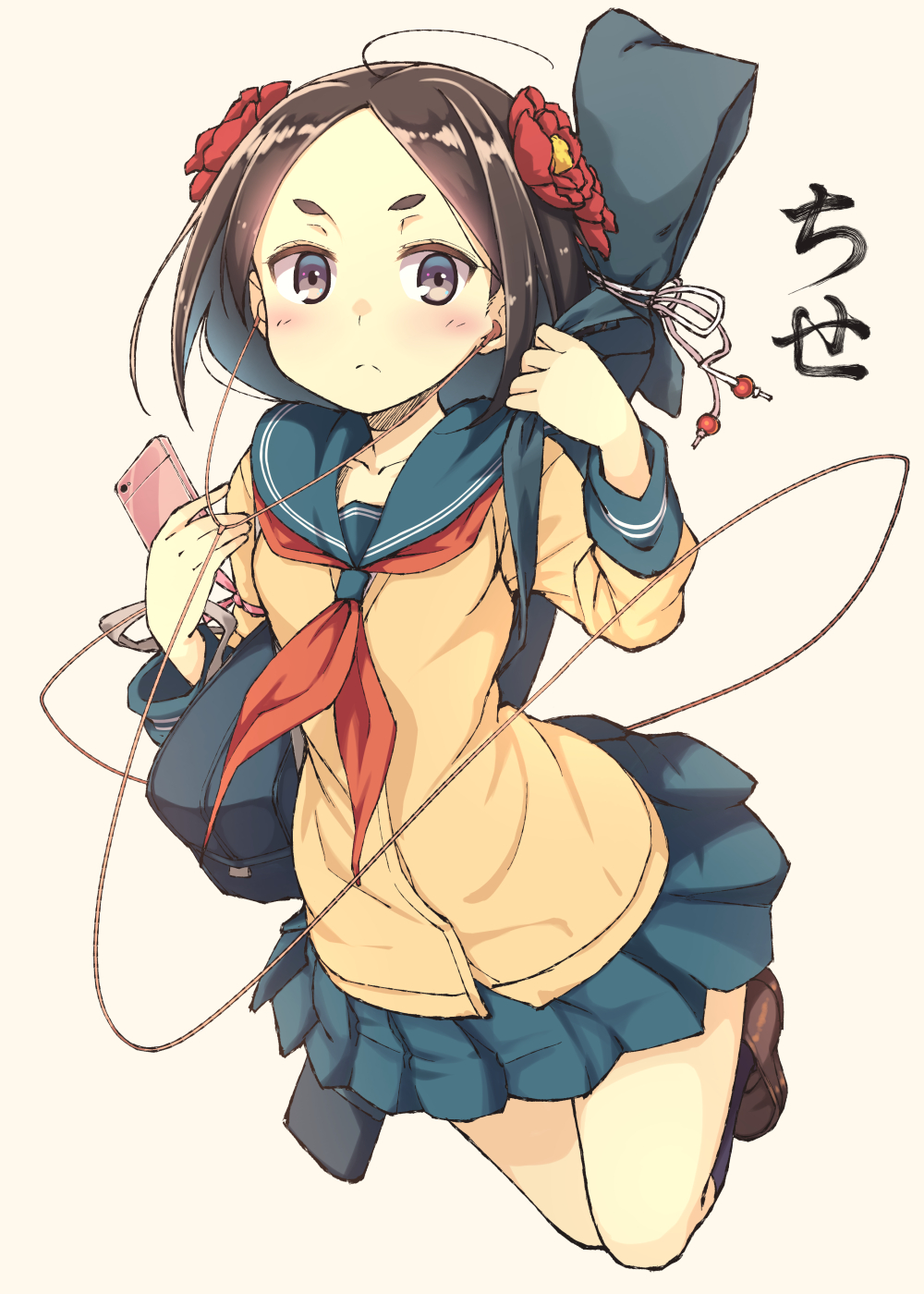 1girl bag black_eyes black_hair cellphone character_name chihaya_72 contemporary earphones flower hair_flower hair_ornament highres phone princess_principal school_bag school_uniform serafuku simple_background smartphone solo toudou_chise weapon_bag