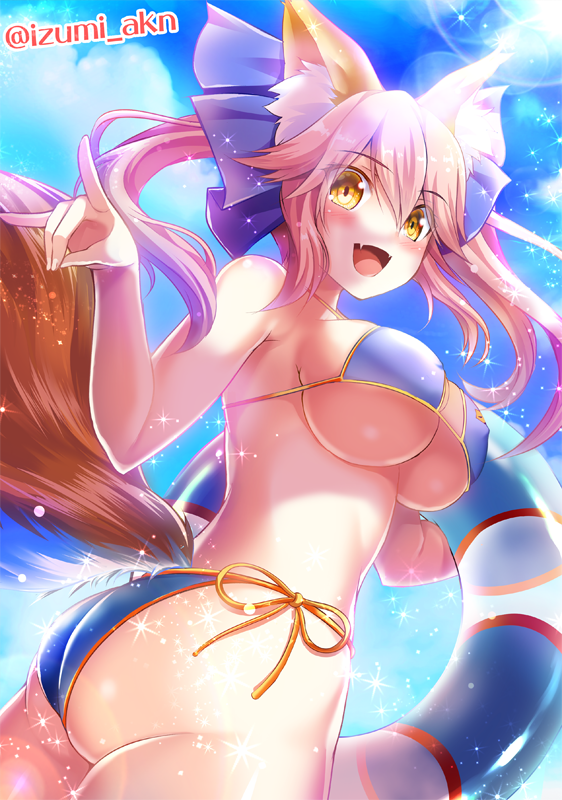 1girl animal_ear_fluff animal_ears ass bikini blue_bikini blush bow breasts commentary_request cowboy_shot fang fate/grand_order fate_(series) fox_ears fox_shadow_puppet fox_tail hair_bow holding holding_innertube innertube izumi_akane large_breasts lens_flare long_hair looking_at_viewer looking_back open_mouth pink_hair side-tie_bikini skin_fang solo sparkle swimsuit tail tamamo_(fate)_(all) tamamo_no_mae_(fate) twisted_torso twitter_username under_boob yellow_eyes