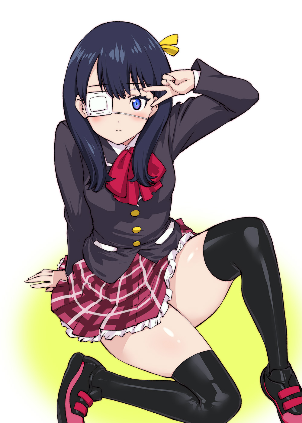 1girl black_hair black_legwear blue_eyes breasts chuunibyou_demo_koi_ga_shitai! cosplay eyepatch highres long_hair looking_at_viewer medical_eyepatch multiple_girls plaid plaid_skirt short_hair skirt ssss.gridman takanashi_rikka takanashi_rikka_(cosplay) takarada_rikka thigh-highs ueyama_michirou underwear upskirt white_eyepatch