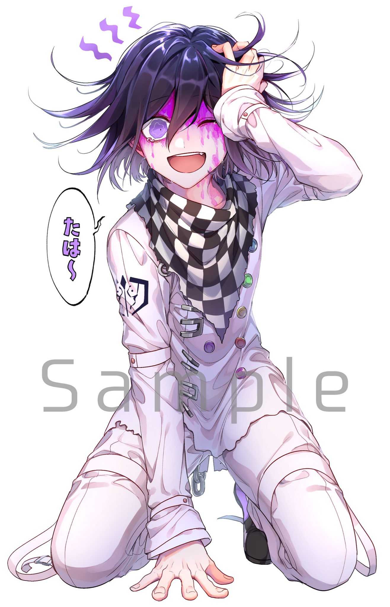 1boy :d black_footwear black_hair blood blood_on_face checkered checkered_scarf commentary_request dangan_ronpa eyebrows_visible_through_hair fang hair_between_eyes hand_on_ground highres injury jacket kneeling long_sleeves looking_at_viewer male_focus medium_hair nanin new_dangan_ronpa_v3 one_eye_closed open_mouth ouma_kokichi pink_blood purple_hair sample scarf shoes simple_background smile solo speech_bubble straitjacket tearing_up translation_request violet_eyes white_background