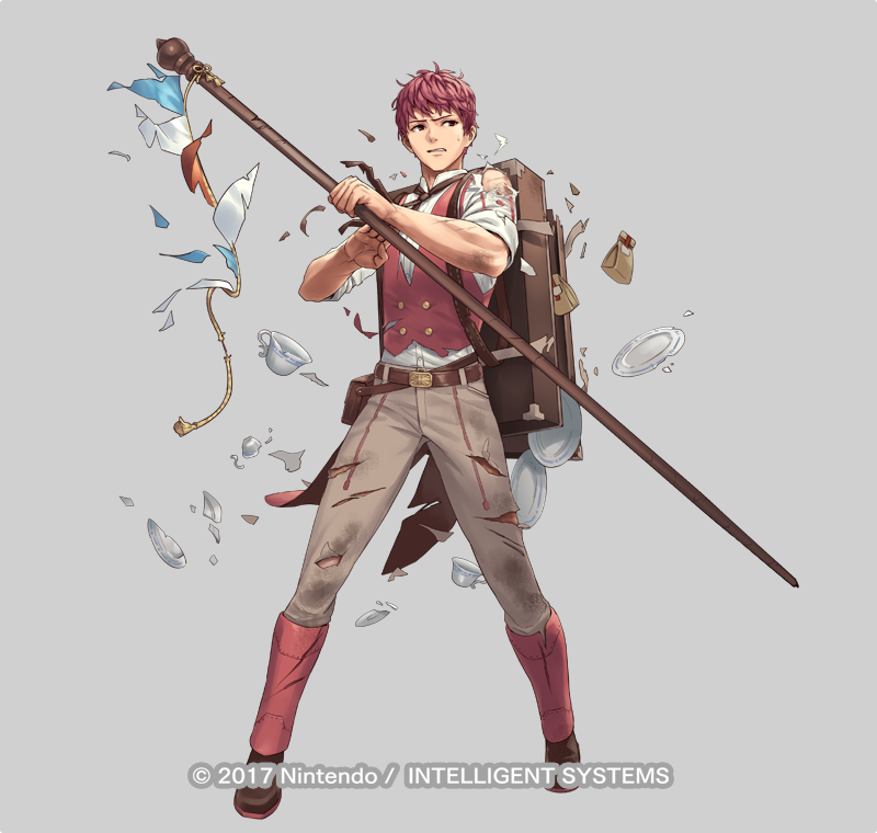 1boy bag belt boots cuboon cup fire_emblem fire_emblem_echoes:_mou_hitori_no_eiyuuou fire_emblem_heroes full_body grey_background injury lukas_(fire_emblem) male_focus necktie nintendo official_art plate red_eyes redhead solo staff teacup teeth torn_clothes vest