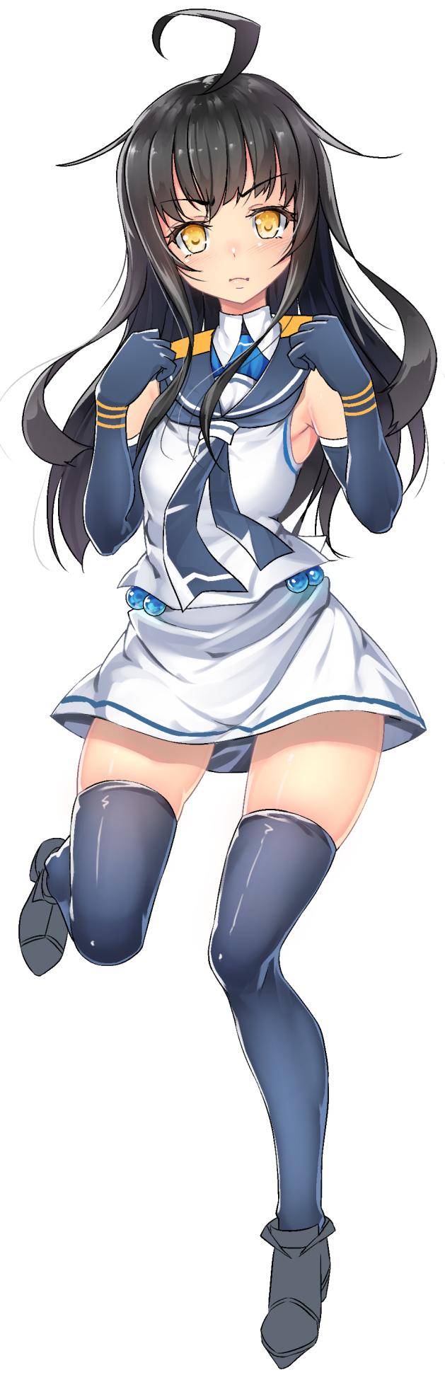 1girl ahoge black_hair black_legwear black_neckwear black_sailor_collar commentary_request cosplay elbow_gloves full_body gloves highres inu3 kantai_collection long_hair looking_at_viewer mikazuki_(kantai_collection) neckerchief sailor_collar samidare_(kantai_collection) samidare_(kantai_collection)_(cosplay) school_uniform serafuku shirt simple_background skirt sleeveless sleeveless_shirt solo thigh-highs white_background white_skirt yellow_eyes