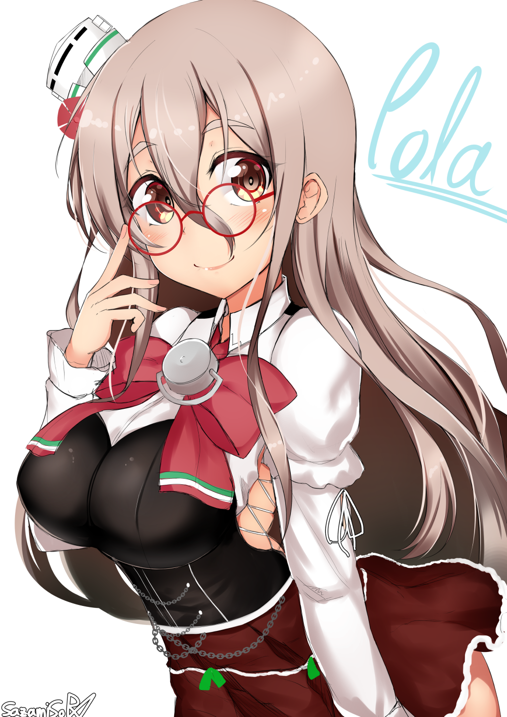 1girl adjusting_eyewear bespectacled blue_background bow bowtie braid breasts brown_eyes character_name corset cowboy_shot detached_sleeves eyebrows_visible_through_hair french_braid glasses grey_hair hair_between_eyes hat highres kantai_collection large_breasts light_brown_hair long_hair long_sleeves looking_at_viewer mini_hat miniskirt pola_(kantai_collection) red_skirt sazamiso_rx shirt simple_background skirt solo thick_eyebrows tilted_headwear wavy_hair white_background white_shirt