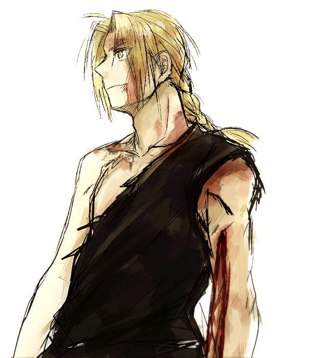 1boy arms_at_sides black_shirt blonde_hair blood blood_on_arm blood_on_face braid dirty dirty_clothes dirty_face edward_elric eyebrows_visible_through_hair eyes_visible_through_hair fullmetal_alchemist happy looking_away male_focus profile shirt simple_background sleeveless sleeveless_shirt smile torn_clothes tsukuda0310 upper_body white_background yellow_eyes