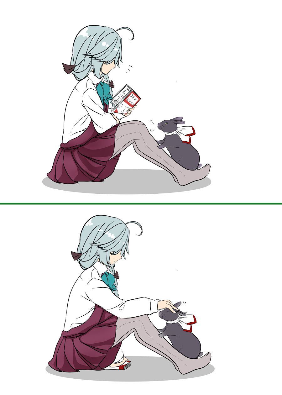 1girl 2koma ahoge animalization black_ribbon blue_neckwear book bow bowtie braid comic commentary_request dress from_side fujinami_(kantai_collection) grey_legwear hair_over_eyes hair_over_shoulder hair_ribbon hamanami_(kantai_collection) highres kantai_collection long_hair long_sleeves mellmfs3 no_shoes pantyhose petting pleated_dress purple_dress rabbit ribbon school_uniform seamed_legwear shirt side-seamed_legwear silver_hair single_braid sitting white_shirt