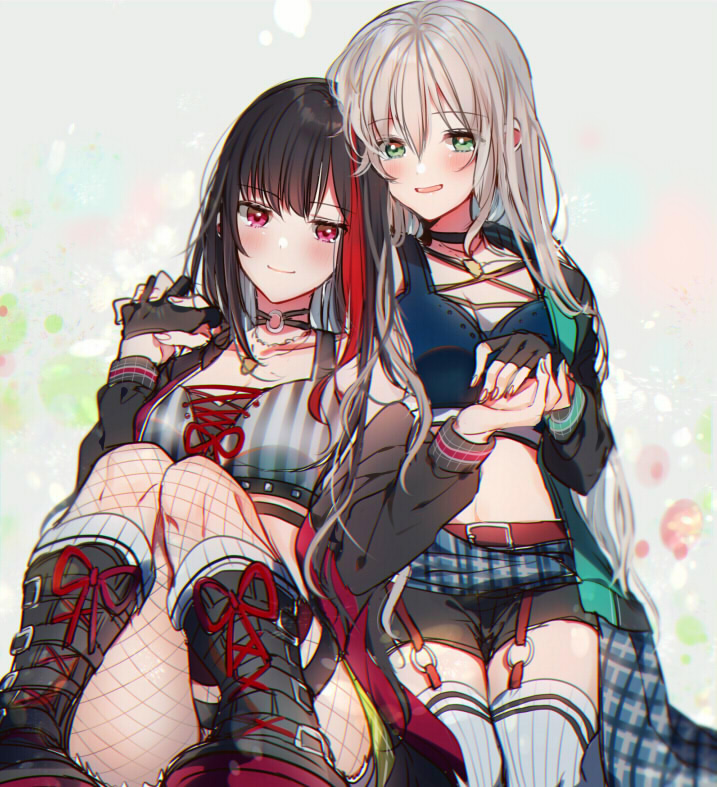 2girls alternate_hair_length alternate_hairstyle aoba_moca bang_dream! bangs belt black_gloves black_hair black_jacket blush boots crop_top cross-laced_footwear eyebrows_visible_through_hair fingerless_gloves fishnet_legwear fishnets gloves green_eyes grey_hair hair_between_eyes jacket knee_boots knees_together_feet_apart long_hair midriff mitake_ran mizukikushou multicolored_hair multiple_girls open_clothes open_jacket red_eyes redhead sitting smile streaked_hair striped vertical_stripes