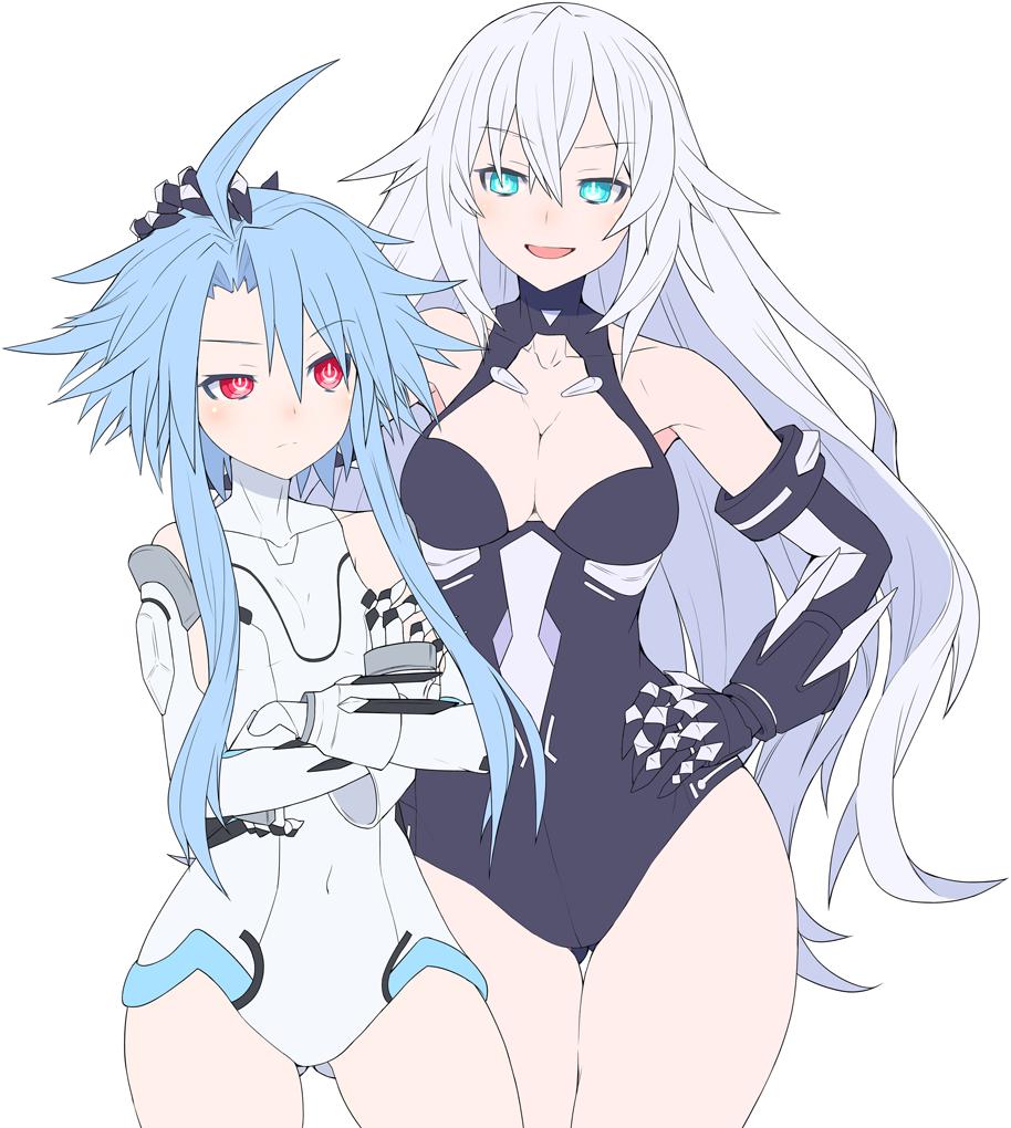 2girls bangs bare_shoulders black_heart blue_eyes blue_hair blush breasts cleavage covered_navel crossed_arms gloves hand_on_another's_head hand_on_hip leotard long_hair looking_at_viewer medium_breasts multiple_girls neptune_(series) power_symbol red_eyes short_hair_with_long_locks sidelocks symbol-shaped_pupils twintails up_(mmmmmmmmss) very_long_hair white_hair white_heart