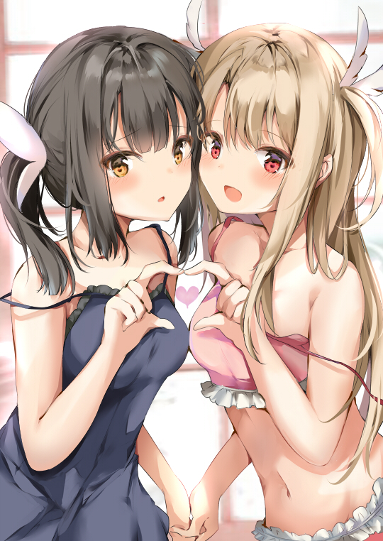 2girls :d :o bangs black_hair blonde_hair blunt_bangs blush bra breasts camisole collarbone commentary_request eyebrows_visible_through_hair fate/kaleid_liner_prisma_illya fate_(series) feathers frilled_bra frills hair_feathers hair_ornament hand_holding heart heart_hands heart_hands_duo illyasviel_von_einzbern looking_at_viewer miyu_edelfelt multiple_girls navel open_mouth panties parted_lips pink_bra pink_panties pon_(ponidrop) red_eyes sidelocks small_breasts smile stomach strap_slip tareme twintails two_side_up underwear underwear_only upper_body x_hair_ornament yellow_eyes