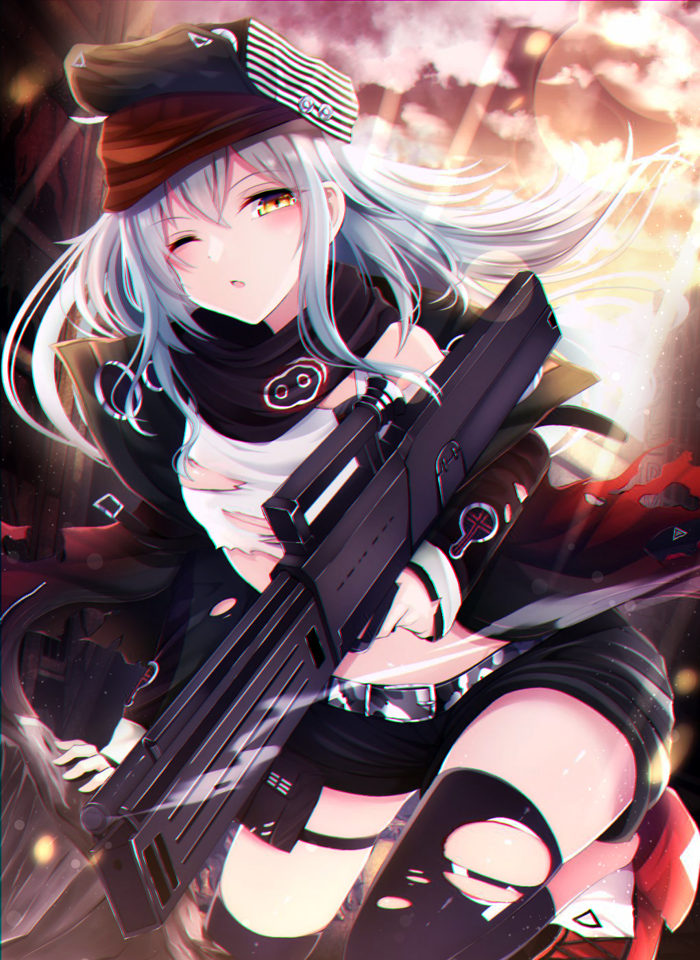 1girl ;o assault_rifle bangs bare_shoulders belt belt_pouch black_jacket black_legwear black_scarf black_shorts blush building camouflage clouds cloudy_sky commentary_request floating_hair g11_(girls_frontline) girls_frontline gun h&amp;k_g11 hair_between_eyes hat highres holding holding_gun holding_weapon jacket leg_up lens_flare long_hair long_sleeves looking_at_viewer midriff nya_rl object_namesake off_shoulder one_eye_closed open_clothes open_jacket orange_sky outdoors parted_lips peaked_cap pouch red_footwear red_headwear rifle scarf shirt shoes short_shorts shorts sidelocks silver_hair sky solo standing standing_on_one_leg thigh-highs thighs torn_clothes torn_shirt weapon white_shirt yellow_eyes