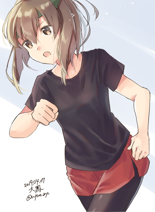 1girl alternate_costume black_legwear black_skirt brown_eyes brown_hair character_name cowboy_shot dated headband headgear kantai_collection pantyhose red_shorts running shorts skirt solo sweat taihou_(kantai_collection) twitter_username u_yuz_xx white_background