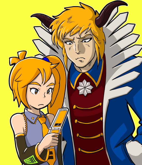 1boy 1girl akita_neru bare_shoulders blonde_hair blue_coat cellphone choudenji_machine_voltes_v coat color_connection crossover detached_sleeves emblem fur-trimmed_sleeves fur_trim heinel holding holding_phone horns long_hair looking_at_object looking_at_phone looking_down name_connection necktie nippori_honsha phone shirt short_hair side_ponytail sleeveless sleeveless_shirt upper_body vocaloid yellow_background