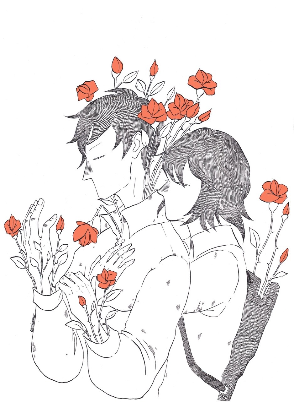 1boy 1girl bangs black_hair ceruleanwax closed_eyes collared_shirt flower from_behind highres hug leaf no_mouth original quiver red_flower shirt short_hair signature simple_background spot_color thorns upper_body white_background white_shirt