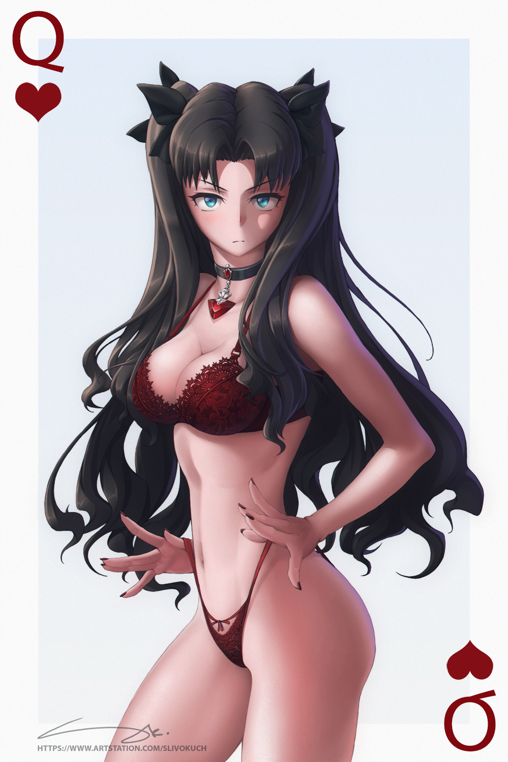 1girl blue_eyes blush bra breasts card_(medium) card_parody choker cleavage commentary english_commentary fate/apocrypha fate/grand_order fate/stay_night fate/zero fate_(series) highres jewelry lingerie long_hair looking_at_viewer nail panties red_bra red_panties signature slivokuch solo tohsaka_rin twintails underwear