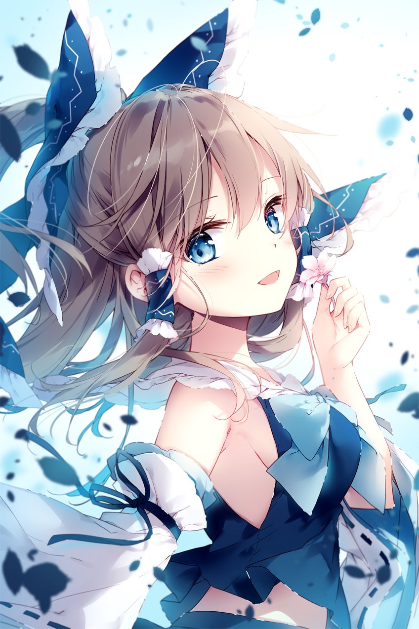 1girl :d alternate_color arm_ribbon bangs bare_shoulders blue_background blue_bow blue_eyes blue_neckwear blue_ribbon blue_skirt blush bow breasts brown_hair commentary_request detached_sleeves eyebrows_visible_through_hair flower frilled_shirt_collar frills gradient gradient_background hair_between_eyes hair_bow hair_tubes hakurei_reimu hand_up highres holding holding_flower long_hair long_sleeves looking_at_viewer medium_breasts midriff_peek mochizuki_shiina open_mouth petals pink_flower player_2 ribbon ribbon-trimmed_sleeves ribbon_trim sidelocks skirt skirt_set smile solo touhou upper_body white_background wide_sleeves