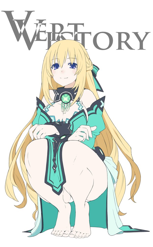 1girl bare_legs barefoot blonde_hair blue_eyes braid breasts cleavage dress eyebrows_visible_through_hair feet green_dress half_updo juliet_sleeves kami_jigen_game_neptune_v large_breasts long_hair long_sleeves looking_at_viewer neptune_(series) no_shoes puffy_sleeves simple_background smile solo squatting toes up_(mmmmmmmmss) vert