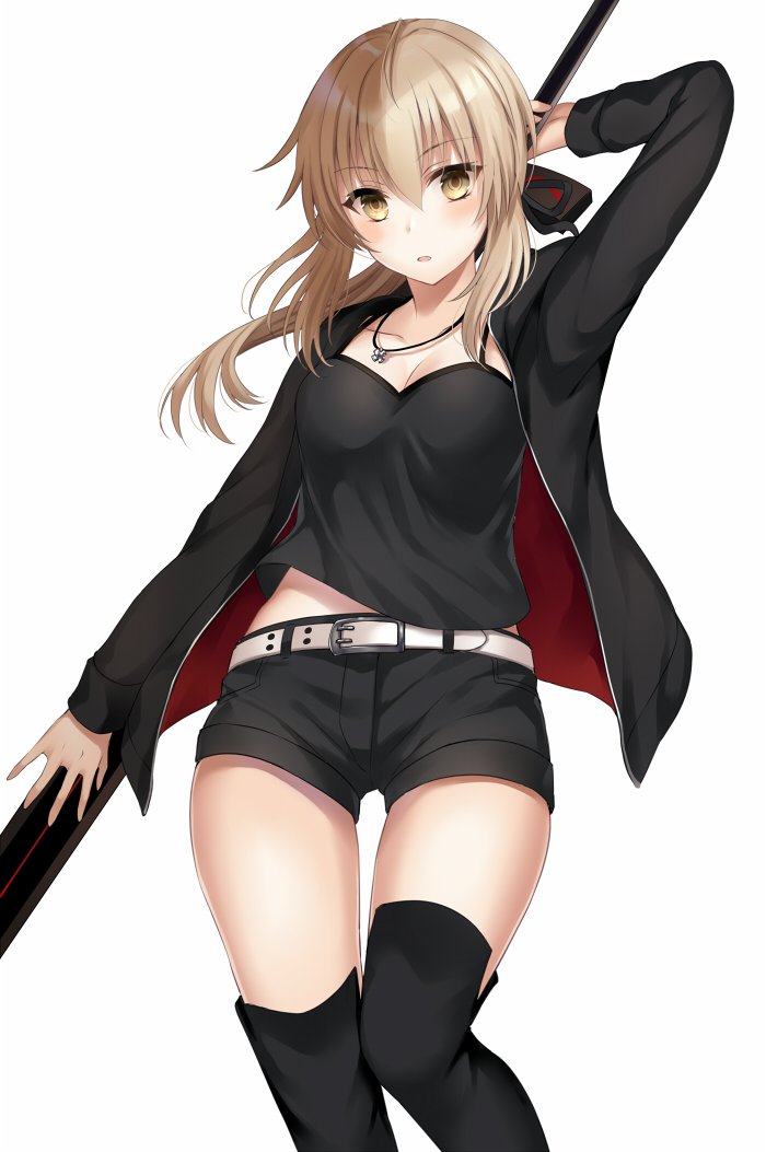 1girl artoria_pendragon_(all) belt black_jacket black_legwear black_ribbon black_shorts blonde_hair blush breasts cleavage collarbone commentary_request eyebrows_visible_through_hair fate/grand_order fate_(series) hair_between_eyes hair_ribbon harimoji holding jacket jewelry long_hair looking_at_viewer medium_breasts necklace ribbon saber_alter shorts simple_background solo thigh-highs weapon white_background white_belt yellow_eyes